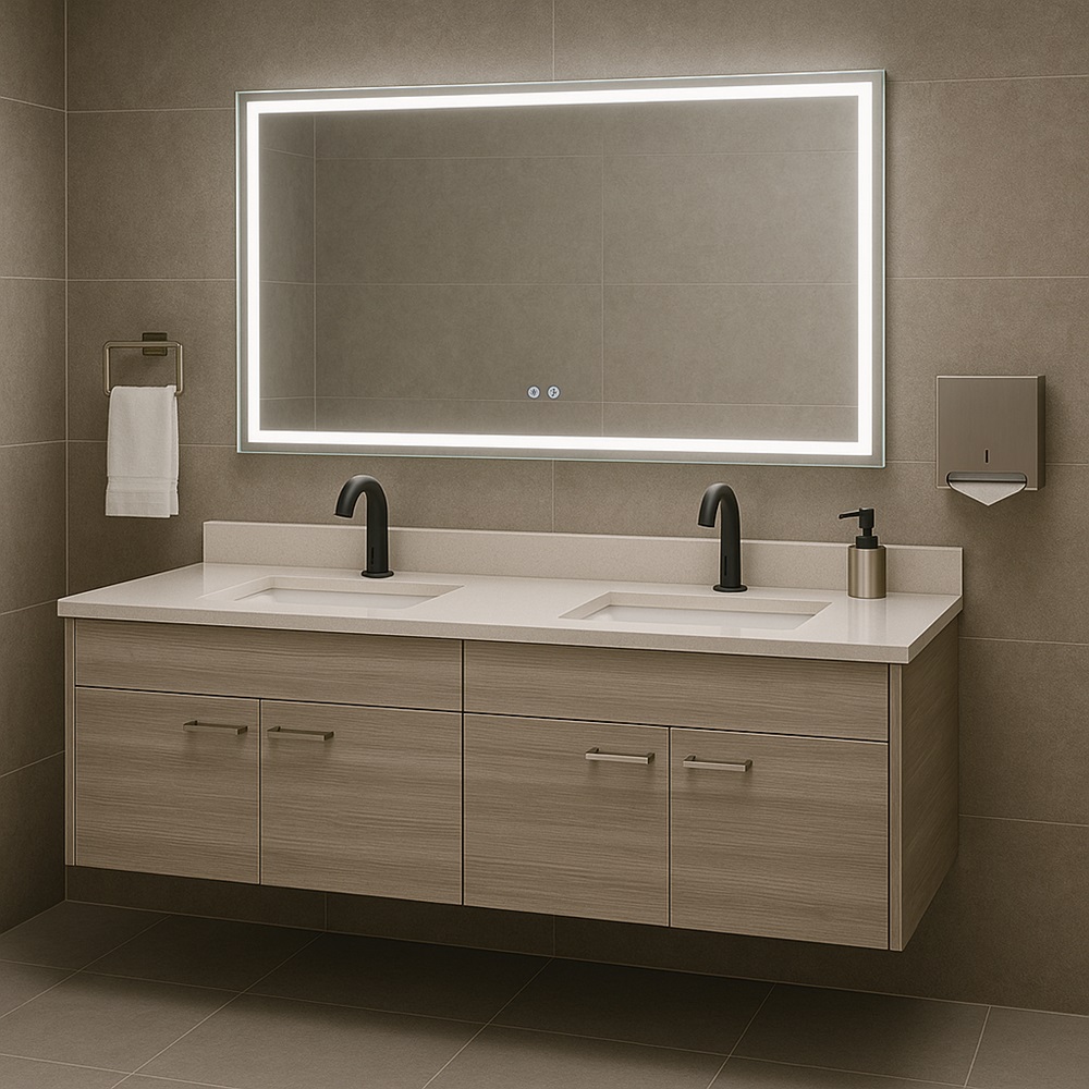 Commercial restroom with touchless faucets, smart mirrors, and aligned accessories